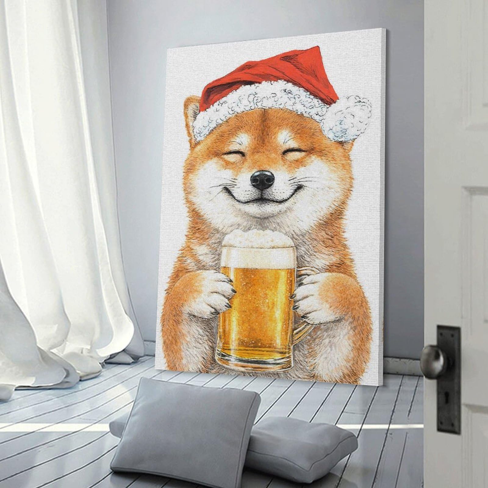 Junmoney Frame-Style-21-1 Home Decor Wall Art Shiba Inu In Santa Hat With Beer, 24X36inch(60X90cm), For New Homes, Bedrooms Or Workspaces, Home Decor Gift With Stylish Appeal