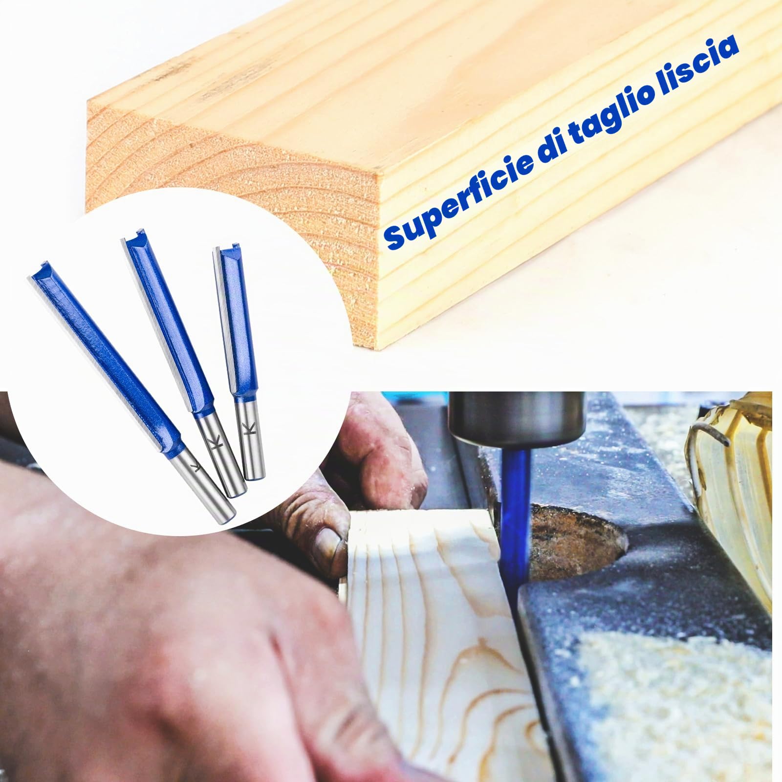 3Pcs Fresa Dritta a Doppia Scanalatura 8 mm, Punta Dritta Fresa extra lunga per legno,Frese per Legno lunghezza di lavoro extra lunga, 50 mm, 63 mm, 76 mm