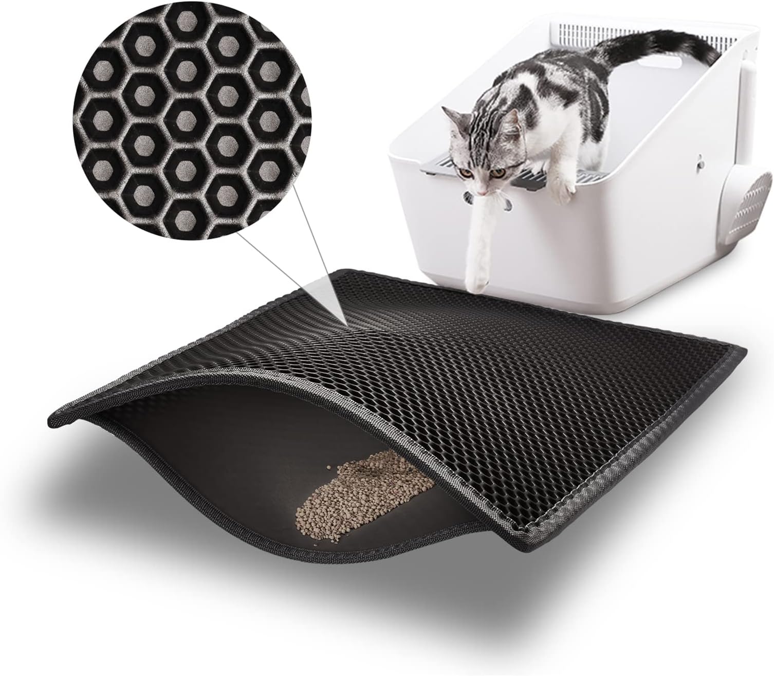 ASOBEAGE Premium Cat Litter Mat, Cat Litter Box Mat Scatter Control,Waterproof Double Layer Honeycomb Design,Easy Clean Washable EVA Material(38 * 61cm,Black)