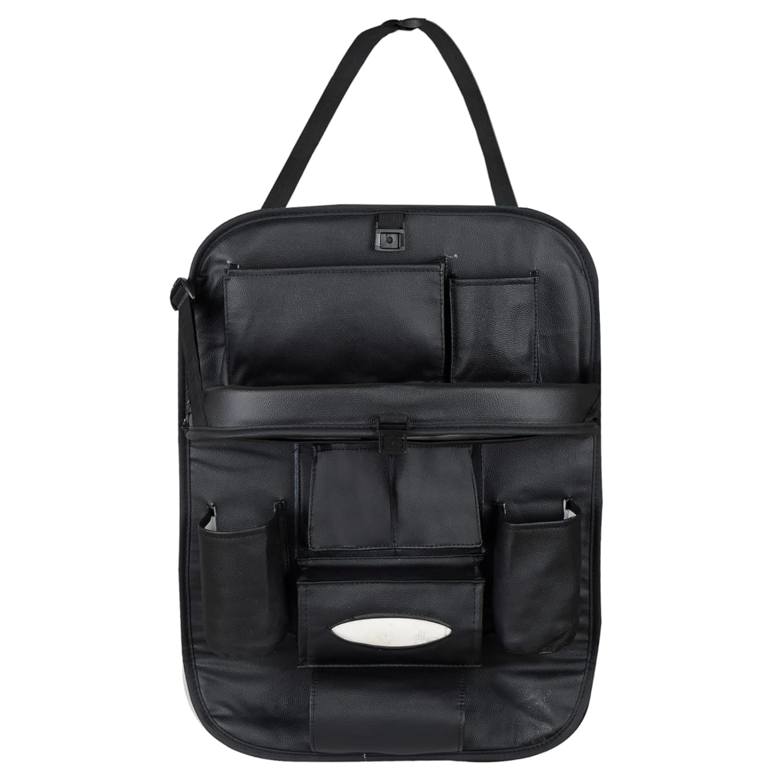 PU Leather Auto Car Back Seat Organizer with Foldable Dining Table Tray, Multipocket Storage Tablet, Bottle and Tissue Paper Holder_Black (with Tray)-image-27