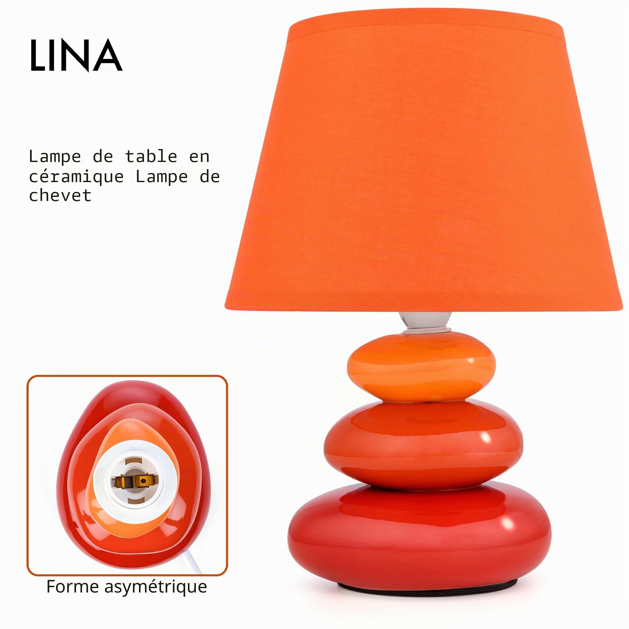 Urban Lifestyle Lampe de chevet Lina (orange) lampe de table en céramique avec abat-jour en tissu, LED appropriée, E14, lampe de table en céramique 230V, lampe de chevet