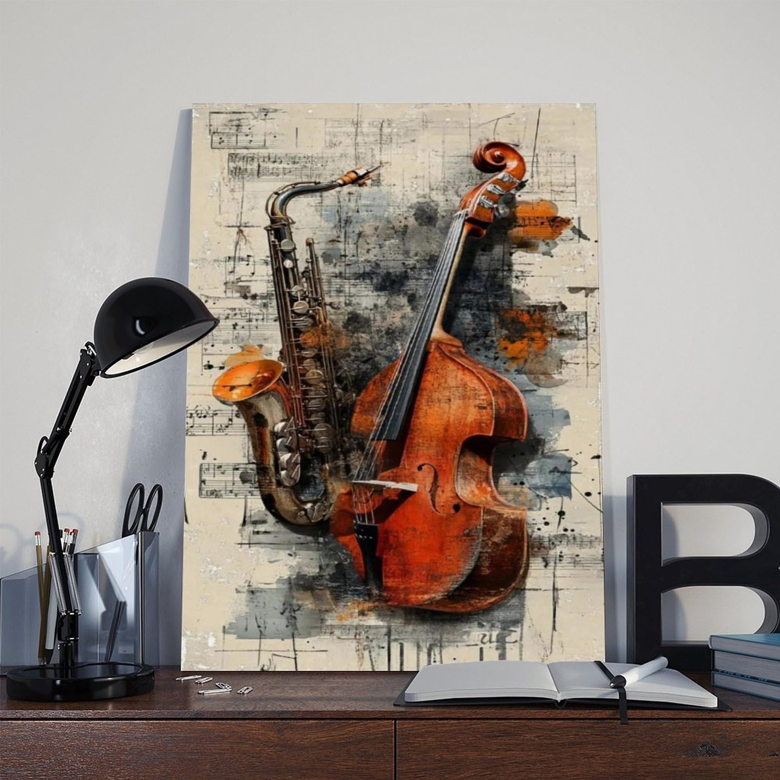 Poster su tela a tema musica jazz sinfonia sassofono e violoncello, decorazione artistica da parete per soggiorno, camera da letto, decorazione, 61 cm di lunghezza x 91,4 cm di larghezza