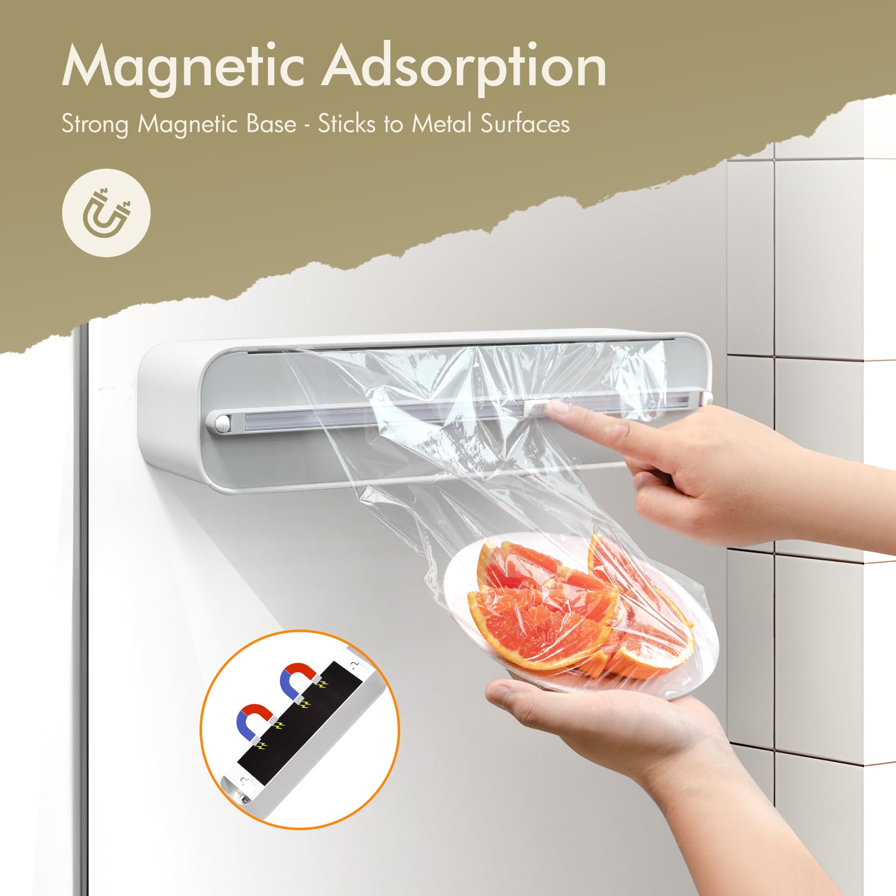 Dispenser di fogli di alluminio e plastica con taglierino, montaggio a parete magnetico e senza trapano, dispenser di pellicola trasparente per piani di lavoro e armadi, organizer salvaspazio