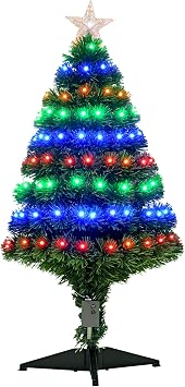 HOMCOM 3 Feet Prelit Artificial Christmas Tree with Multi-Coloured Fiber Optic LED Light, Holiday Home Xmas Decoration, Green