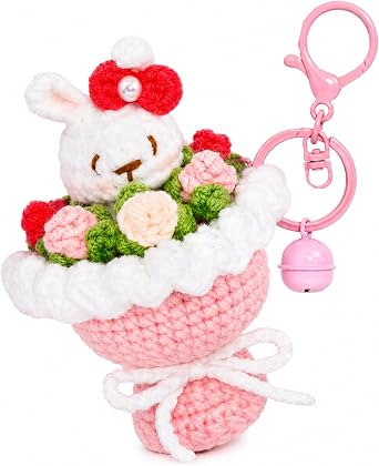 Cute Crochet Bunny Bouquet Keychain - Handmade Knitted Rabbit Flower Bag Charm for Backpack/Purse/Car