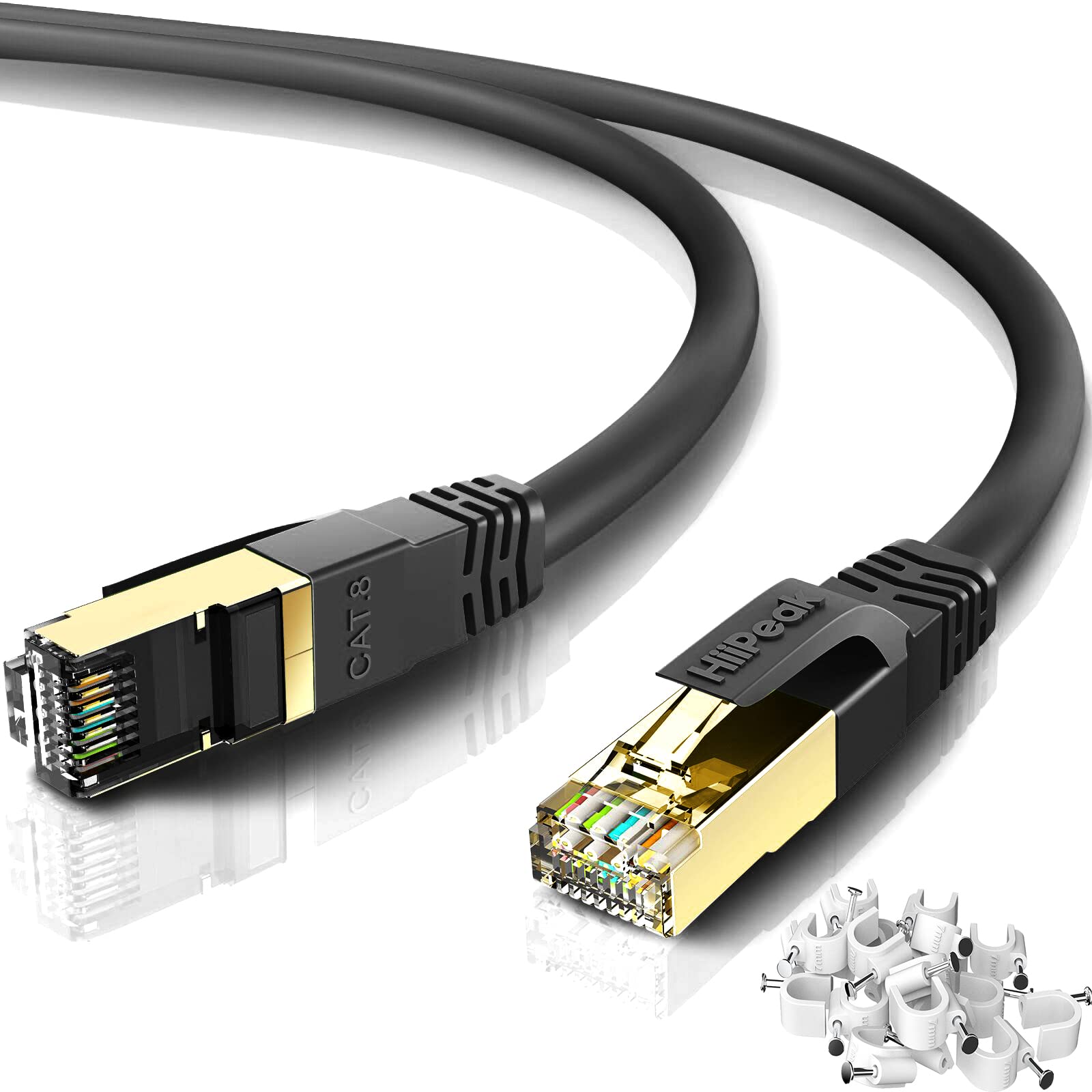 HiiPeak Cat8 Ethernet Cable 100FT, Indoor&Outdoor, Heavy Duty High Speed 26AWG Cat8 Network LAN Cable 2000Mhz, 40Gbps with Gold Plated RJ45 Connector,