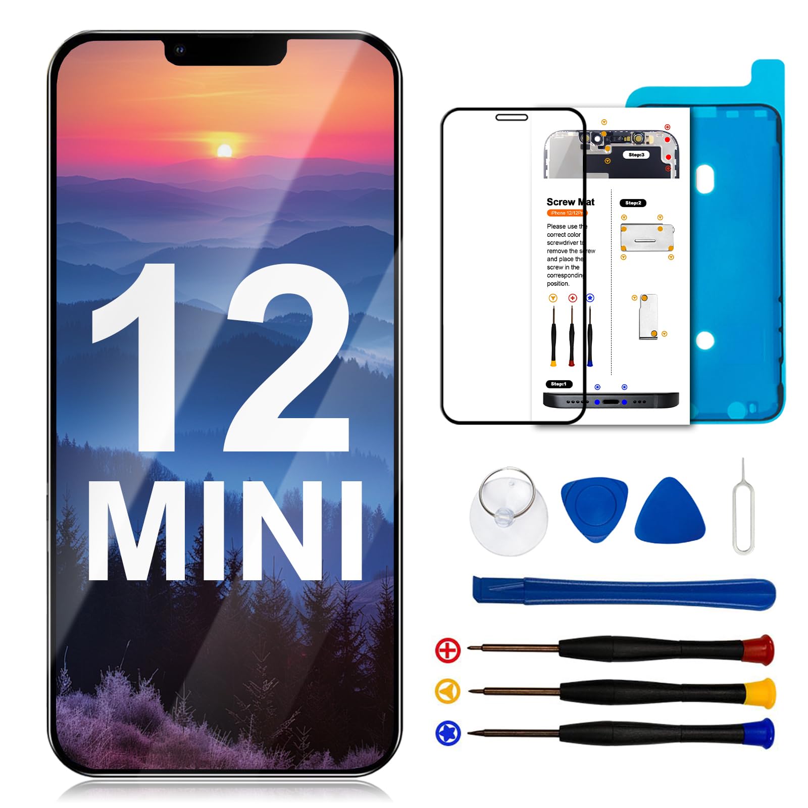 EFAITHFIX for iPhone 12 mini 液晶パネル for iPhone 12 mini 画面交換5.4 インチ 3 D タッチ液晶画面表示フル HD デジタイザー フレーム アセンブリのスクリーンフロントパネルット分解工具付き，適合モデルA2399, A2176, A2398, A2400