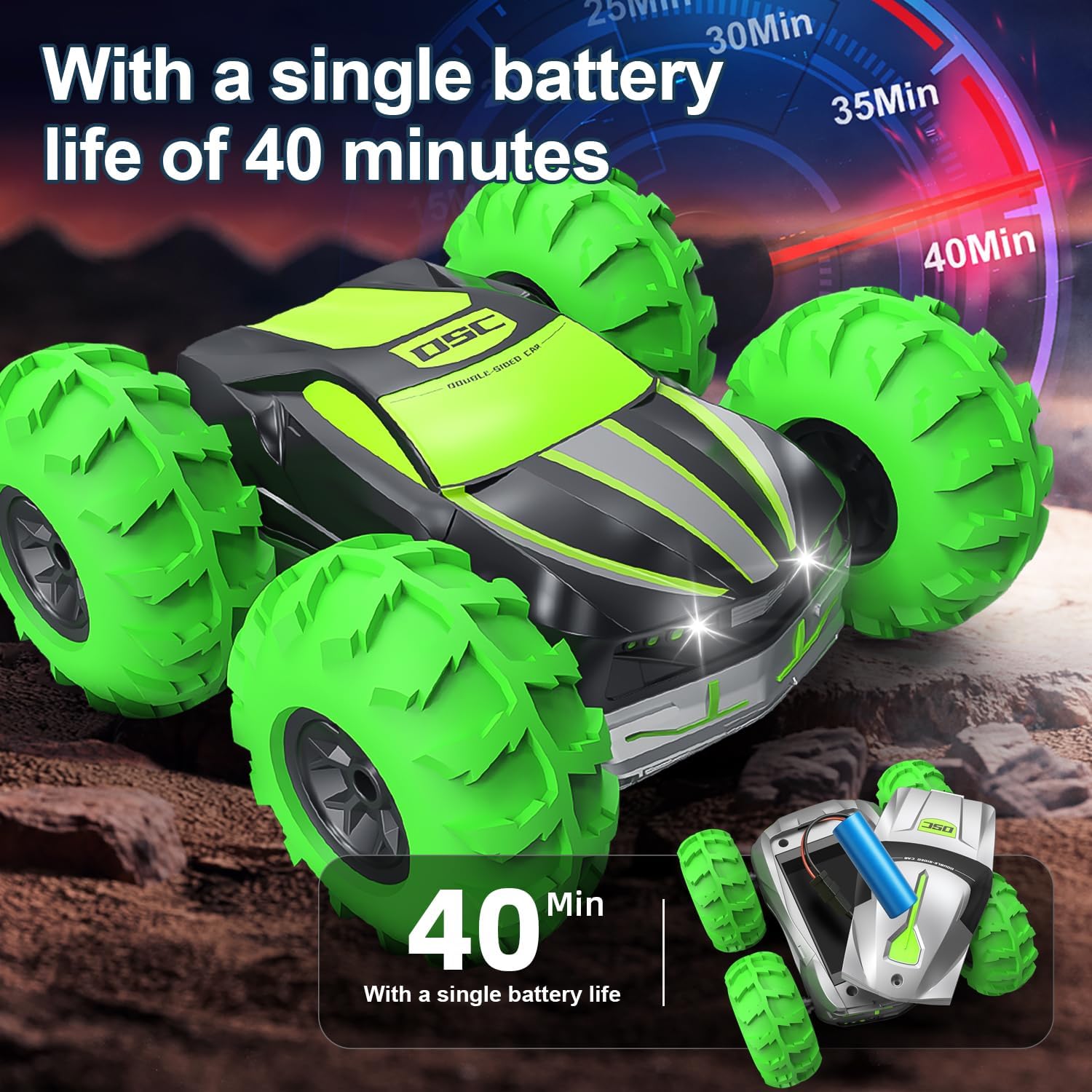 LM-15 Remote Control Car, 4WD RC Stunt Car with Inflatable Tires, Double-Sided Pattern and LED Flash, 2.4GHz, 360° Rotates and Flips, Gift for Birthday, Christmas, Thanksgiving