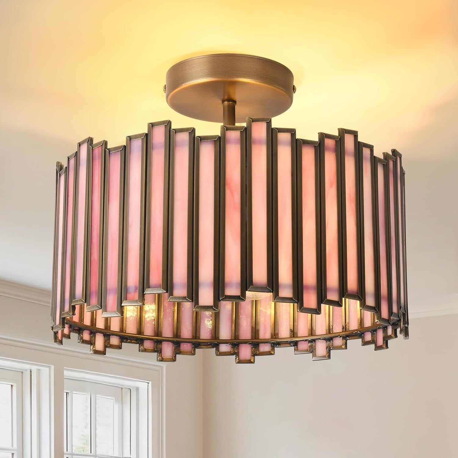 Brass Semi Flush Mount Ceiling Light, Antique 12.6in Drum Shape with Stained Glass 3-Light Vintage Ceiling Light Fixtures for Foyer Hallway Bedroom Kitchen (Pink & Bronze)
