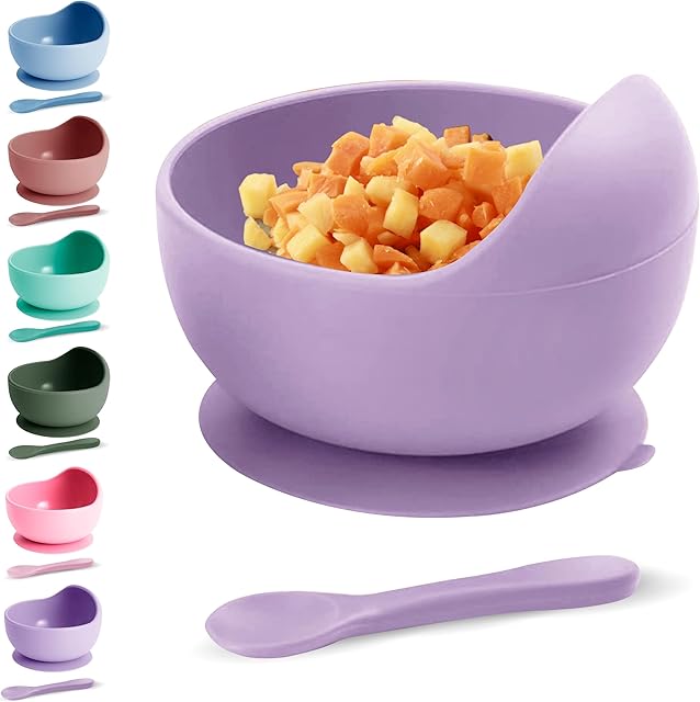Xabono Baby Plates with Suction BPA Free Suction Plates for Baby Easy to Wash Suction Bowls for Baby and Silicone Baby Spoon Ejoyable Desing Baby Bowls First Food (Purple)