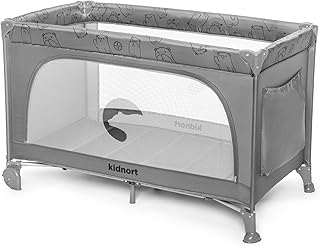 Grotta Reisebett Baby mit Matratze klappbares Babybett Kinderreisebett mit Seiteneinstieg Netzseiten 2 Rollen mit Bremse Tragetasche für Reise und Zuhause Hellgrau