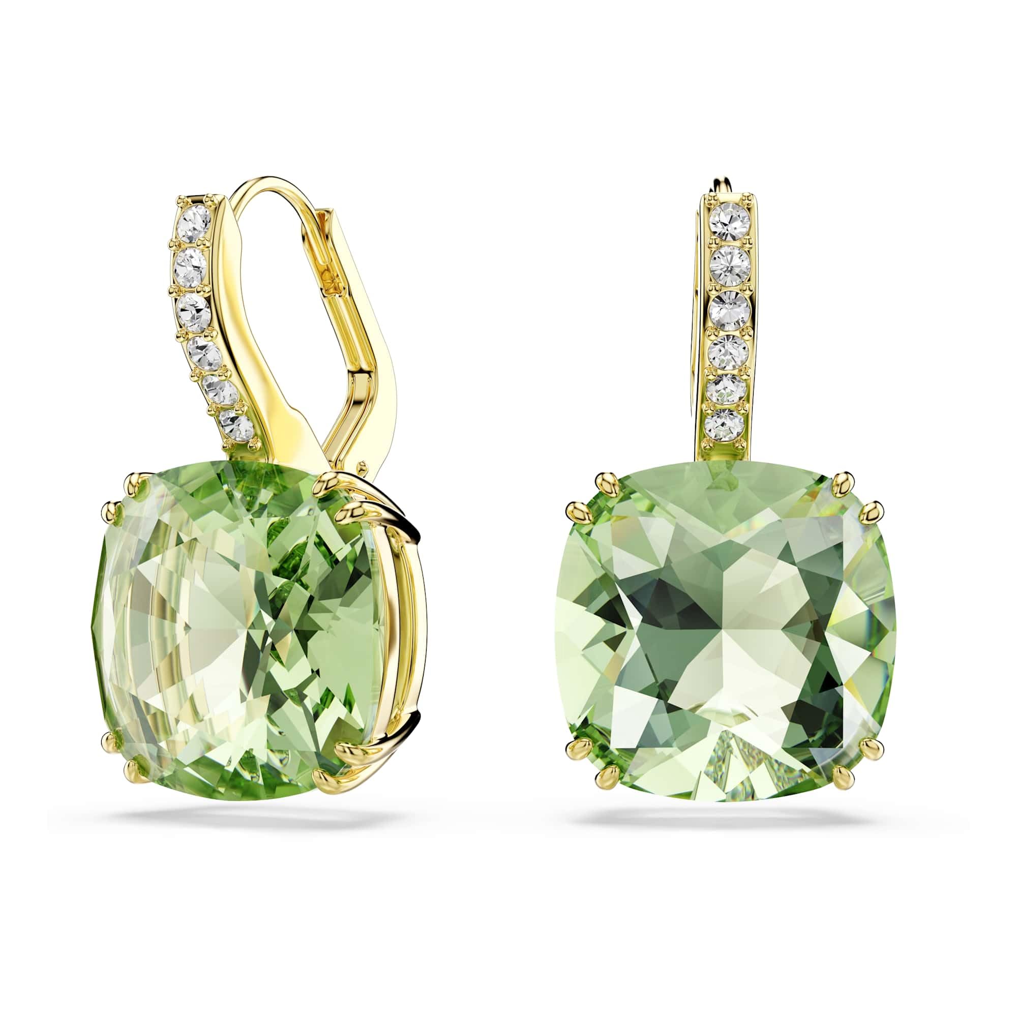 Swarovski Jewellery Women's Green/Gold Swarovski Millenia Cushion Cut Crystal Tone Drop Earrings 2.3 X 1.2Cm