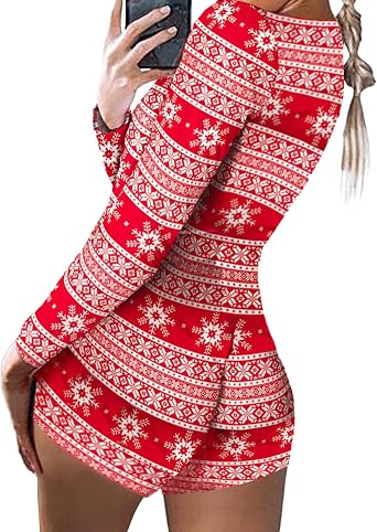 ICNGLKSND Women Christmas Pajamas Romper Bukle Bodycon Jumpsuit V Neck Long Sleeve Pjs Bodysuit Overall Sleepwear Loungewear