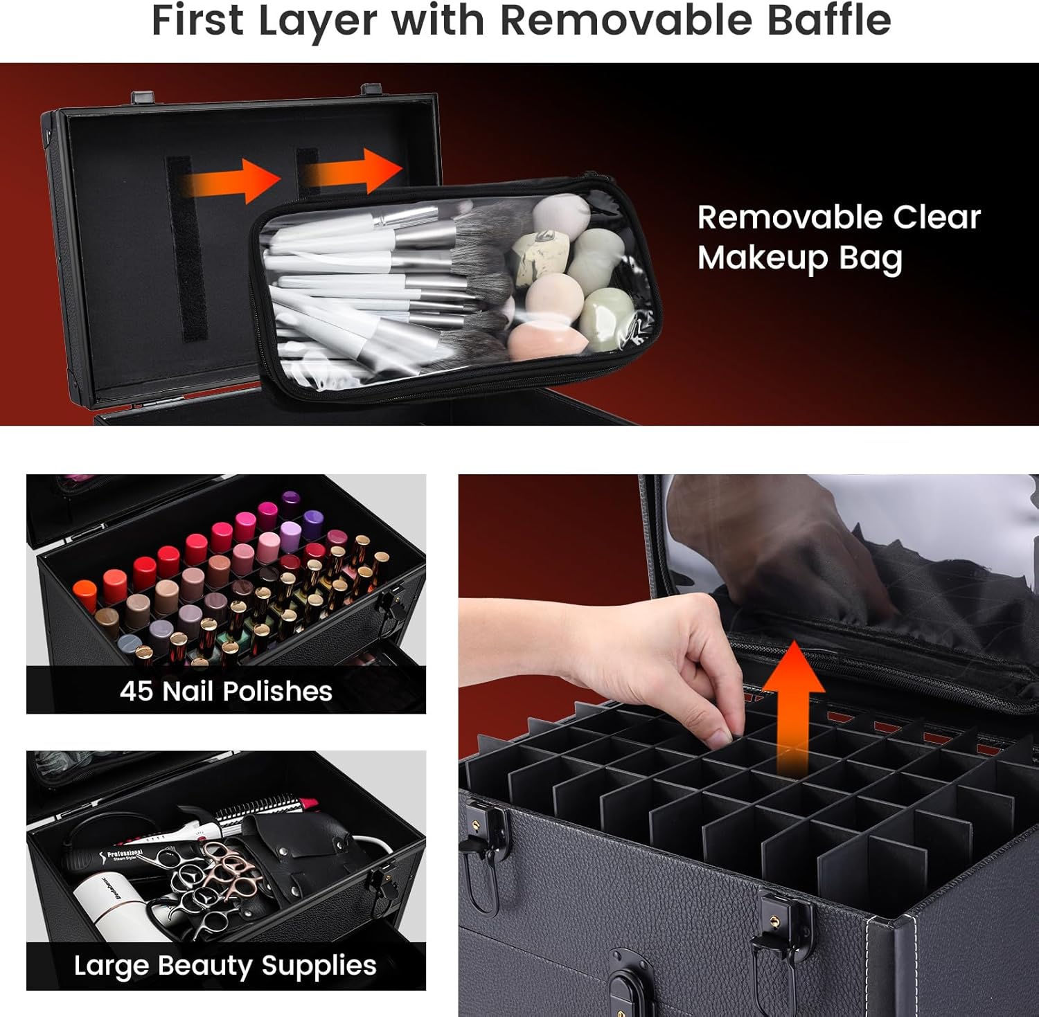 Professional 3 in 1 Rolling Makeup Case Cosmetology Case on Wheels 2 Large Drawer Nail Case Trolley Traveling Cosmetic Train Case with Makeup Pouch for Artists Nail Technician Salon Cart Trunk Black - Image 4