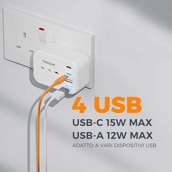 TESSAN 2 x USB C to 2 x USB A 7 in 1 UK Plug Adapters, 3250W UK Plug Adapter, Type G Plug for UK, Ireland, Scotland, Singapore, Dubai, Malta - 4