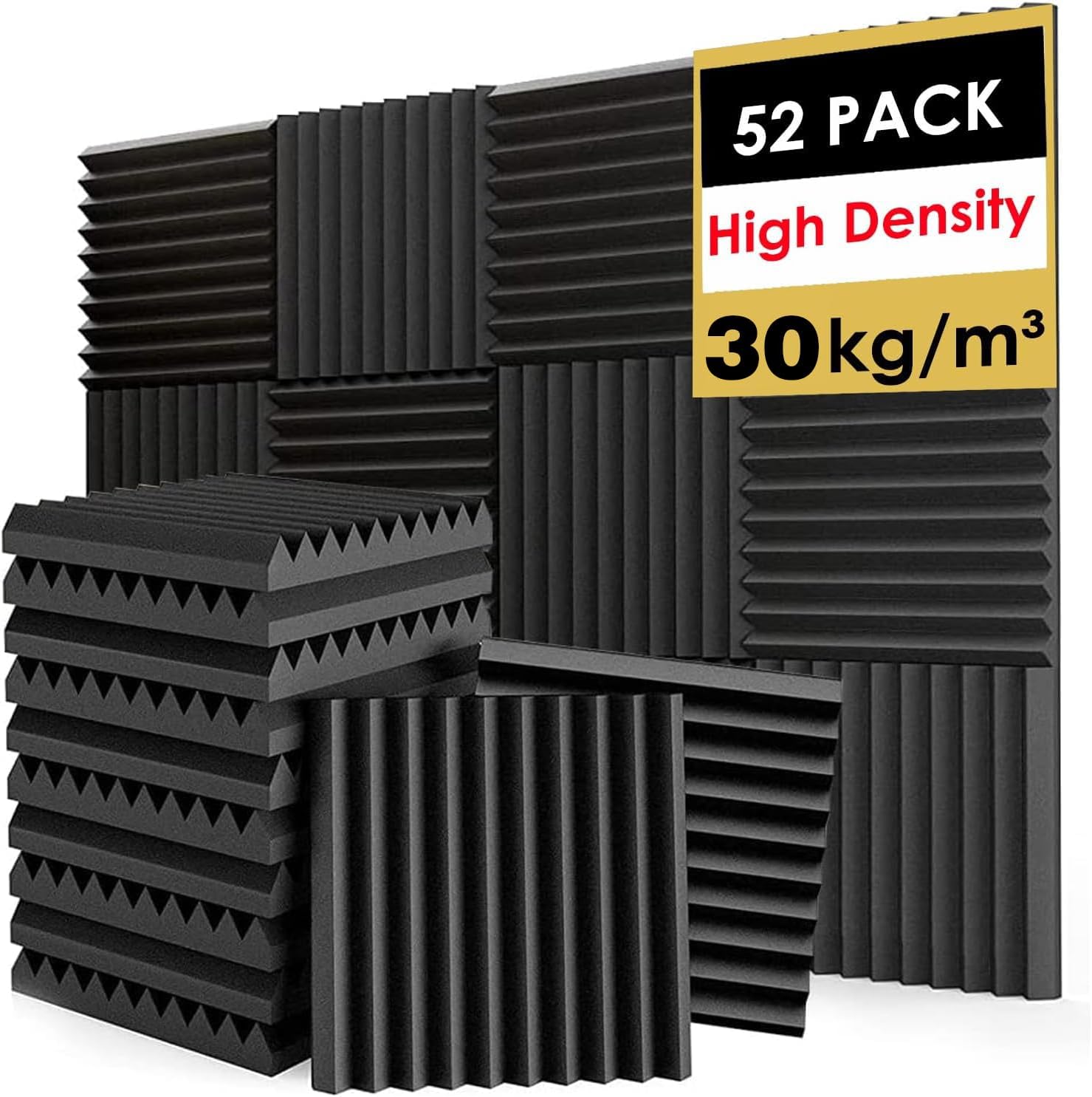 FONESO Acoustic Panels, High Density Soundproof Foam Panels for Walls, Sound Absorbing Panels, Acoustic Foam Panels Fire Resistant for Studio Recording (Black, 1"x12"x12" 52Pack)