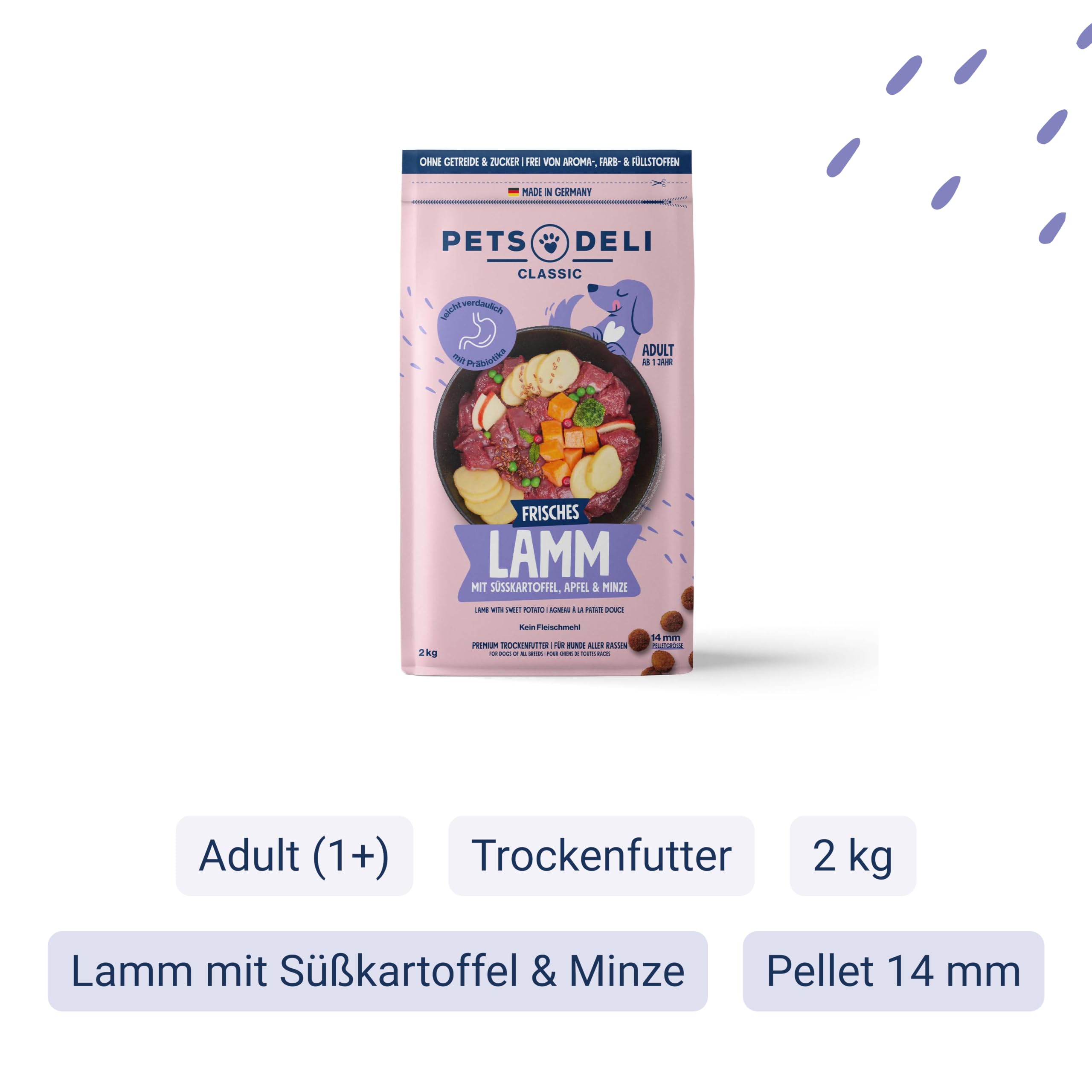 Pets Deli Classic Hunde Trockenfutter Lamm & Süßkartoffel, monoprotein, leicht verdaulich, mit Präbiotika & Omega-3 Fettsäuren, getreidefrei, ohne Zucker, 2kg, Premium Qualität