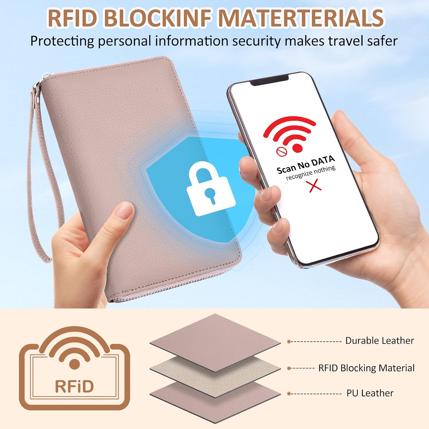 Passport Holder For Travel, Leather Passport Holder RFID Passport Wallet With Zipper Coin Pocket And Wristlet Strap Women And Men Passport Case For Credit Card, ID, Cash.Pink