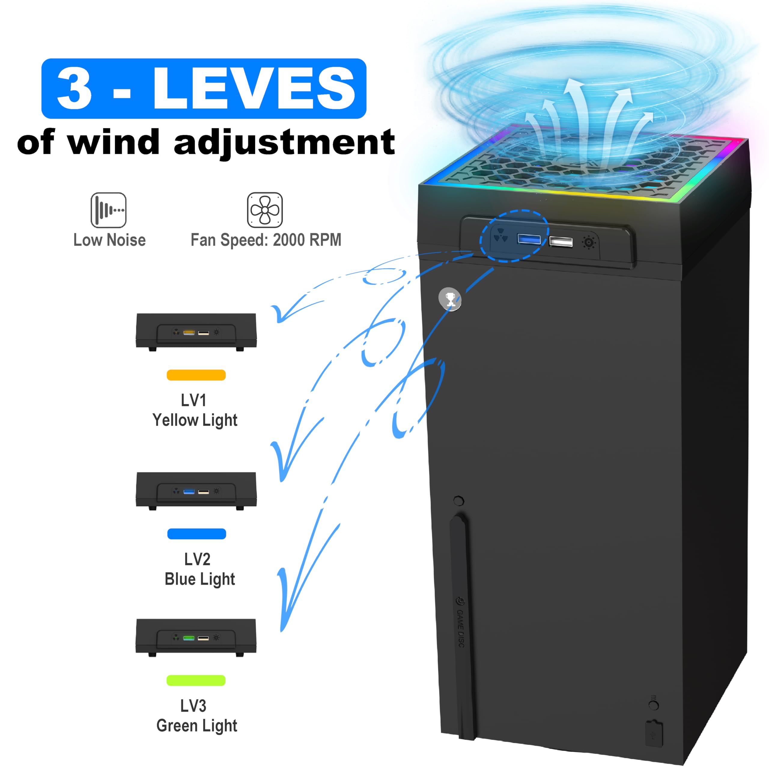 Kühlventilator staubdicht für Xbox Serie X Konsole mit buntem LED Licht, Zubehör mit 6 Staubschutzfiltern, 8 Gummistopfen, 3 Stufen geräuscharmer Top-Lüfter, für Xbox Serie X Schwarz & Weiß