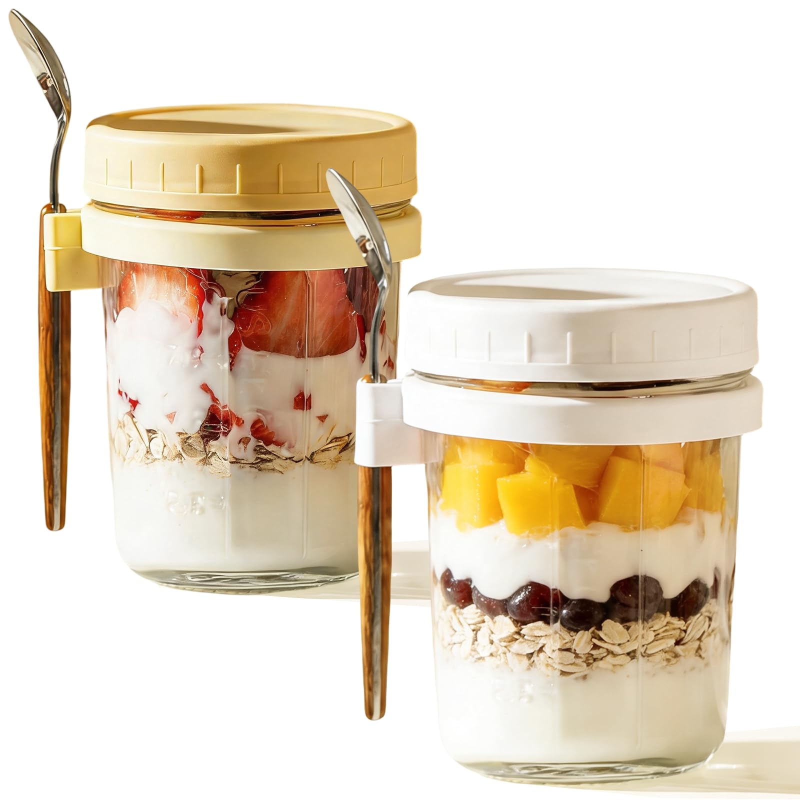 Tel Charme * Airtight Overnight Oats Jars with Lids & Long Spoon โ 10oz Glass Breakfast Container for Cereal, Yogurt, Fruit, Salad & Meal Prep (White & Yellow)