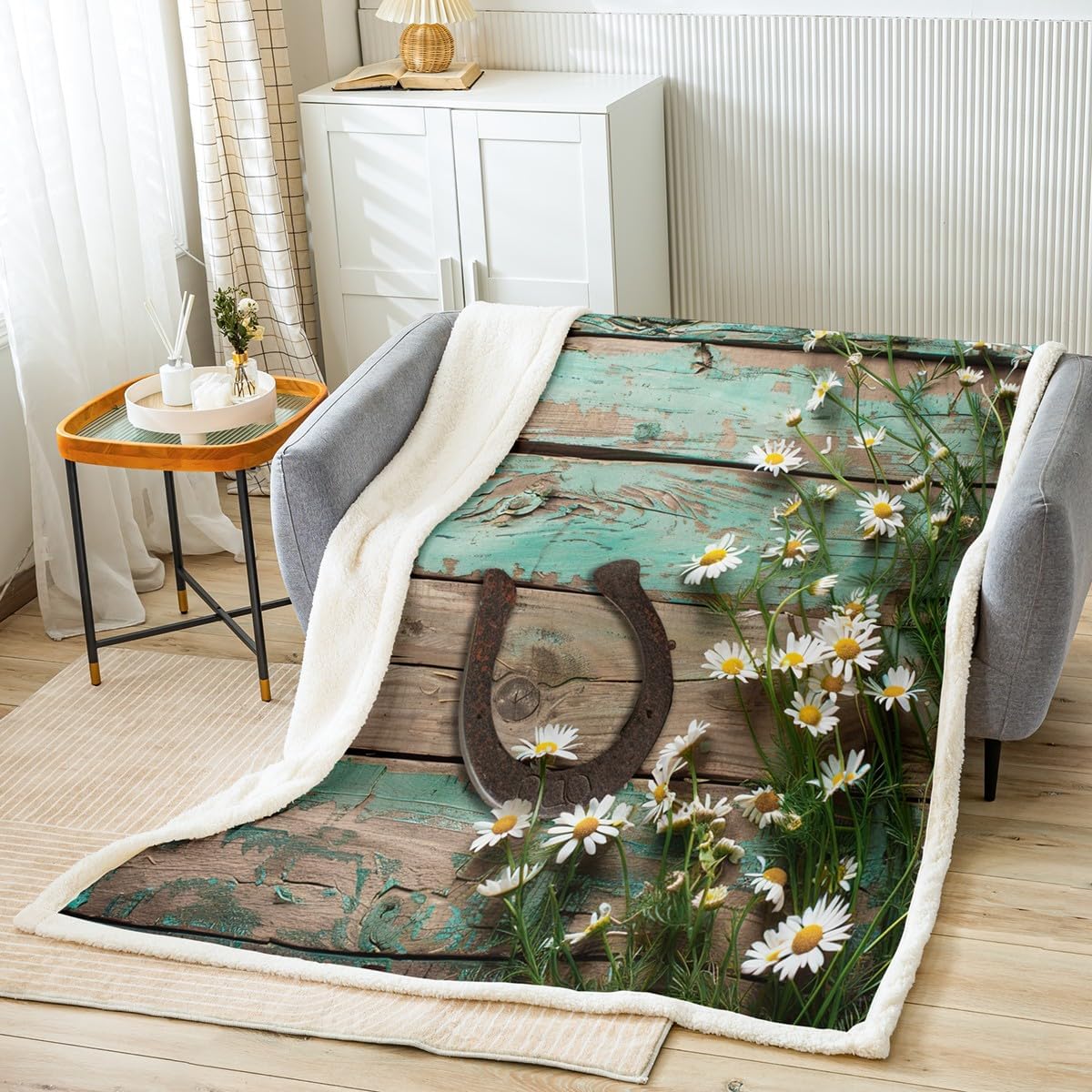 Rustic Farmhouse Throw Blanket Teal Country Wooden Barn Door Plush Bed Blanket Queen 90"X90" Western Horseshoe Daisy Decor Fleece Sherpa Blanket For Bed Sofa Couch Cowboys Cowgirls Fuzzy Blanket