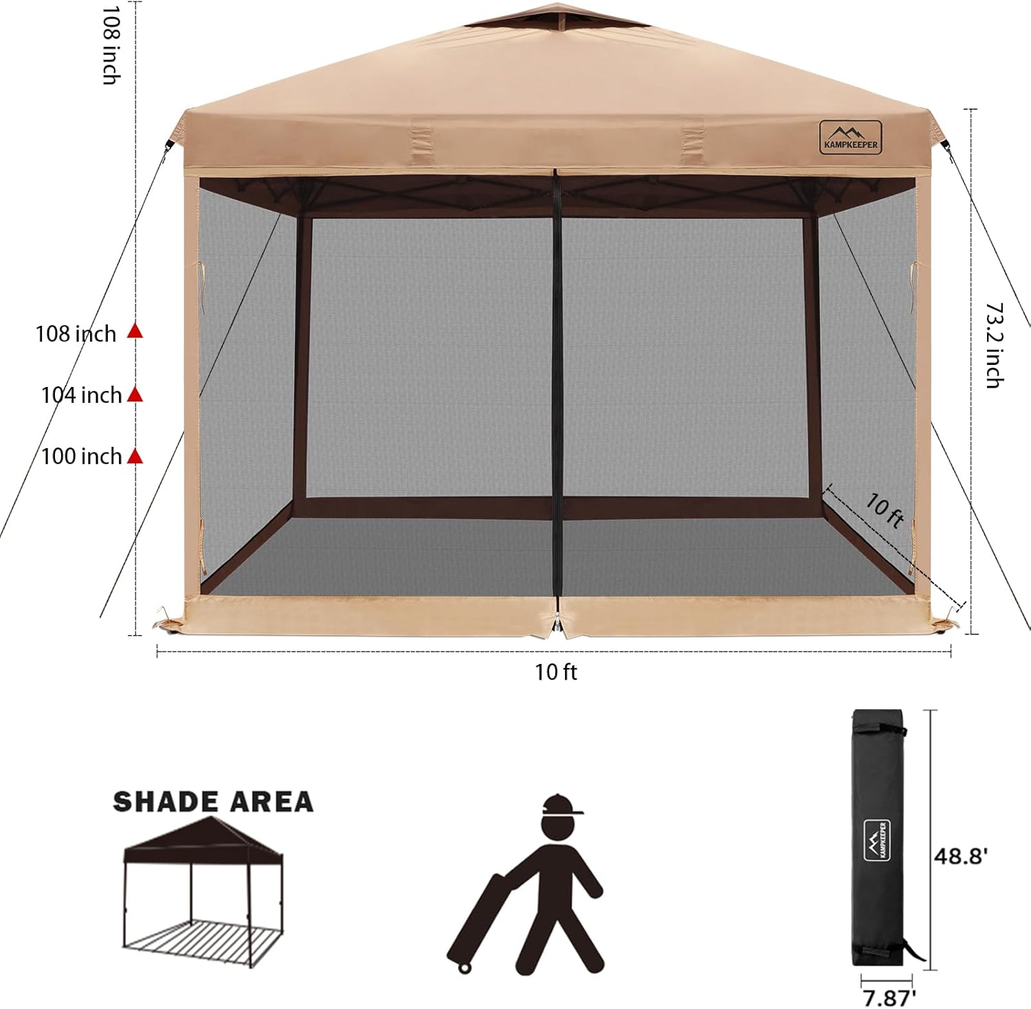 KAMPKEEPER 10x10 Pop Up Canopy with Mosquito Netting,Instant Outdoor Screen Tent(Khaki) Canopy Replacement Top (Dark Grey)