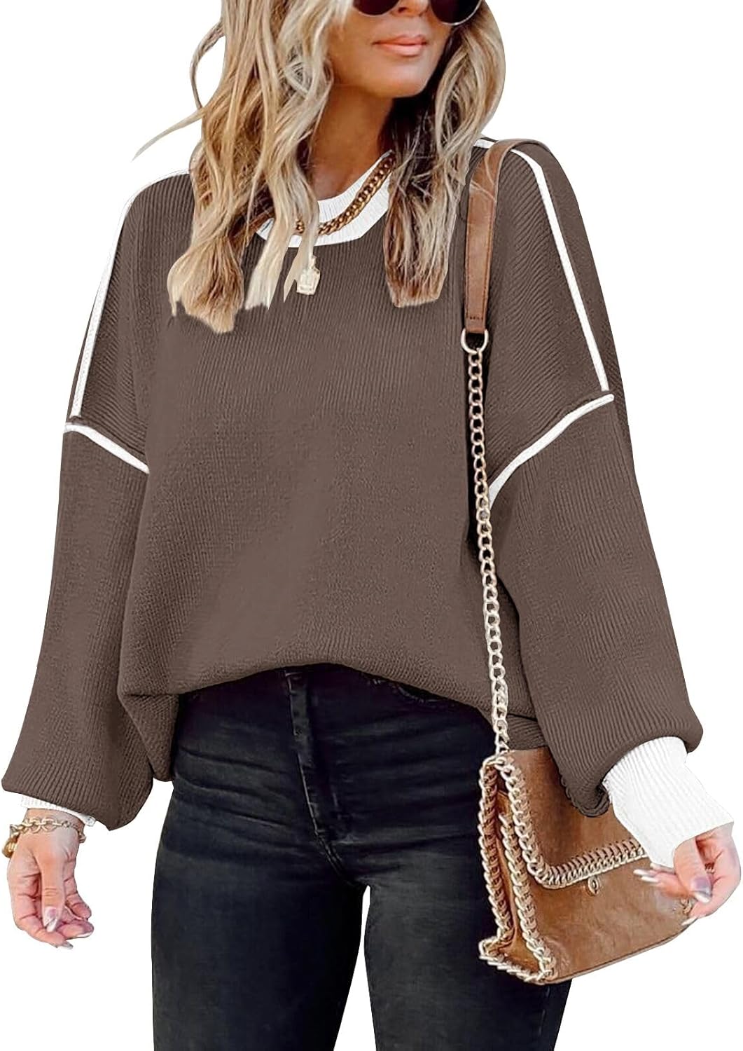 ETCYY Womens Oversized Sweaters Fall 2026 Fashion Clothes Trendy Batwing Sleeve Colorblock Striped Knit Pullover Tops