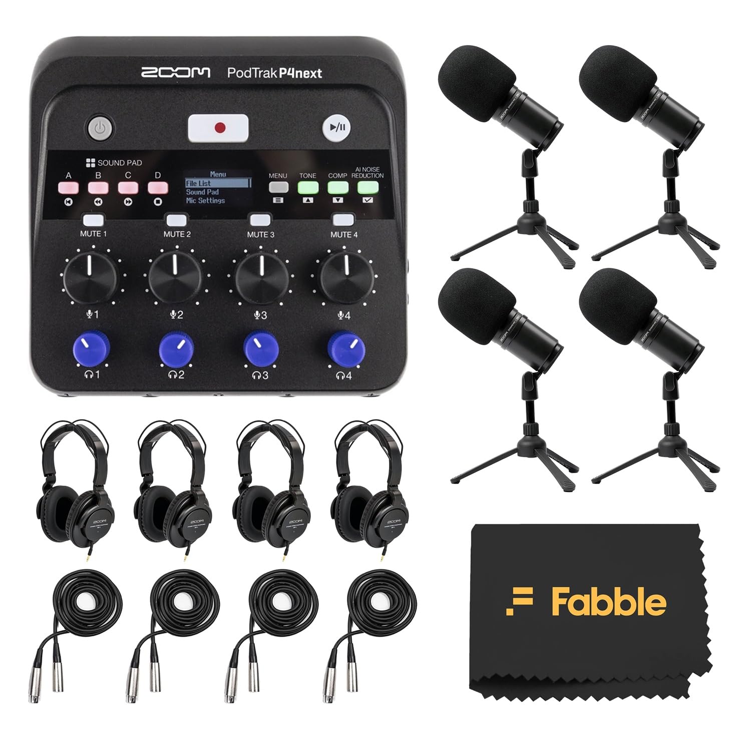 Zoom PodTrak P4next Podcast-Recorder-Set mit vier Zoom ZDM-1 Podcast-Mikrofon-Packs, einschließlich Kopfhörer, Windschutzscheiben, XLR-Kabel und Tischständer für eine komplette Aufnahmeeinrichtung