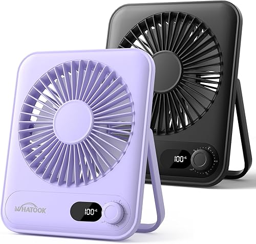 WHATOOK Ventilador portátil de escritorio pequeño recargable 2 paquetes de 2000 mAh 10 horas de batería de oficina silencioso mini ventilador de
