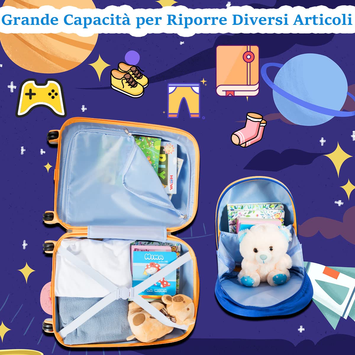 RELAX4LIFE Set Valigia Bambini 2 in 1 Astronauta Spazio Blu Royal Giallo (Trolley18 + Zaino 12") con Ruote 360°, Maniglia Regolabile, Zaino con Piedini | ABS Resistente |Ideale per Viaggi e Scuola
