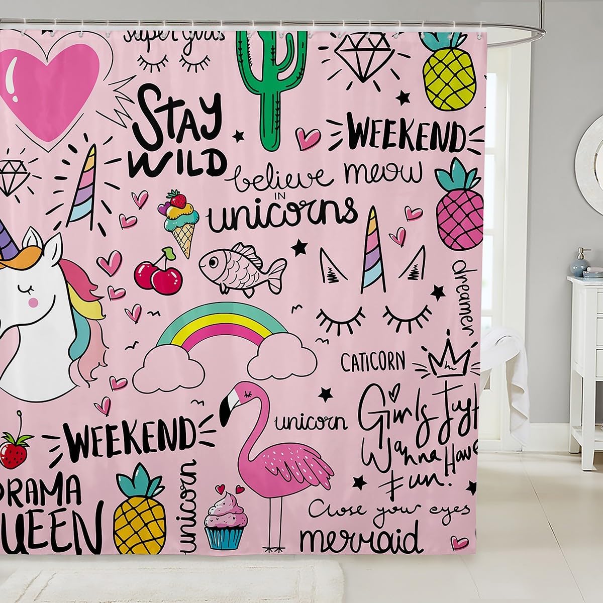Manfei Rainbow Unicorn Kids Shower Curtains,Flamingo Cactus Strawberry Cherry Cartoon Bathroom Decor for Girls Boys Adults,Watercolor Doodle Cute Waterproof Curtains,12 Hooks Suits,72" W x 84" L
