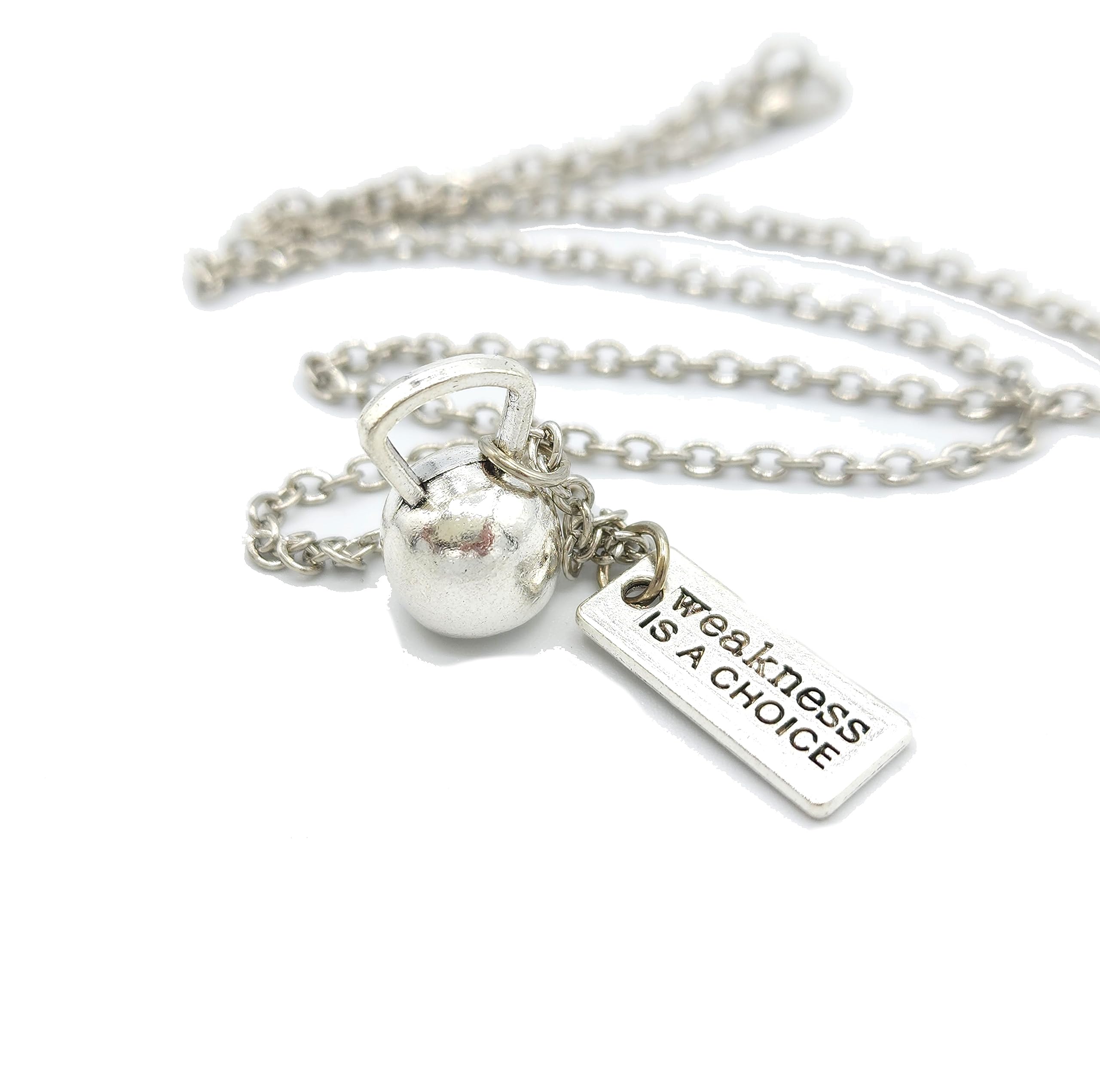 [LilPepperJewelry] Kettlebell Weakness Is A Choice [SILVER] Pendant Necklace Gift Box Fitness Weight Training Exercise Gym Workout