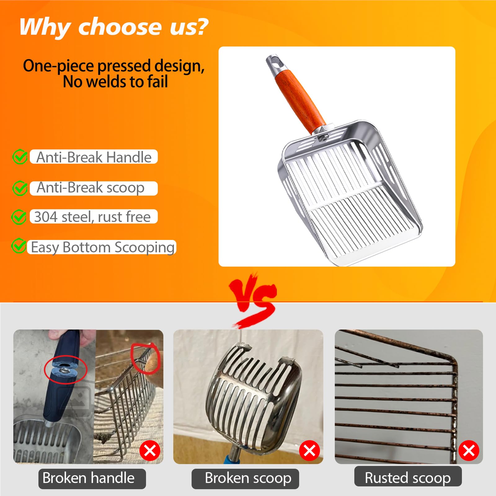 TabifurKitc Rustproof & Unbreakable 304 Stainless Steel Metal Cat Litter Scoop, One-Piece Pressed Design with No Welds, Easy Bottom Scooping, Reinforced Anti-Break Handle - image 4