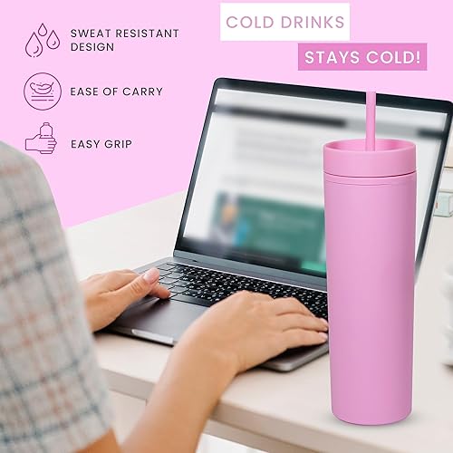 Miniatura 2 de SKINNY TUMBLERS - Paquete de 4 vasos acrílicos de color pastel mate con tapa y popote, perfecto para el hogar, viajes, vaso de plástico reutilizable