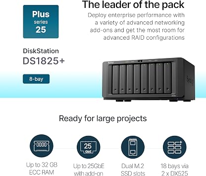 Synology DS1825+ Enterprise Video Production & Storage - Scale to 360TB, 25GbE Speed & Mission-Critical Reliability (8-Bay Diskless NAS)