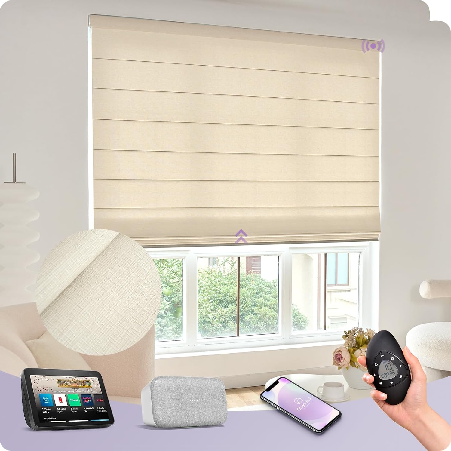 Graywind Smart Roman Shades Compatible with Alexa Google Rechargeable Motorized Window Blinds Remote Control View Visible Plain Fold Custom Size 60% Blackout Matelasse Off White
