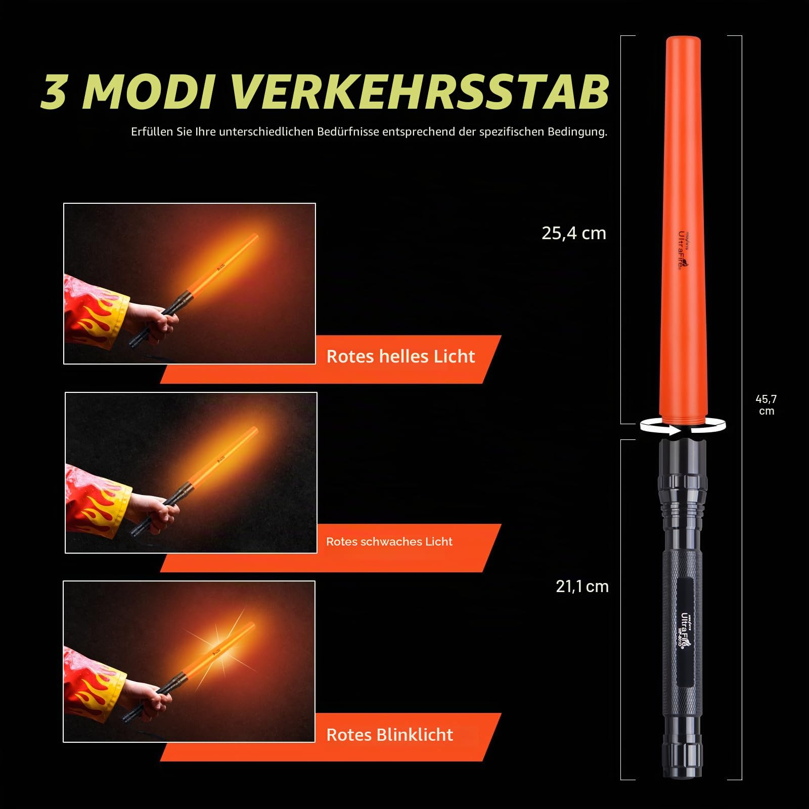 UltraFire 18 Zoll Verkehrsstab LED Taschenlampe, 1300 Lumen Signalstab für Verkehrskontrolle, 3 Modi mit Rotes Blinklicht, Orangen Stab für Flughafen, Feuerwehr, Autolenkung, Notfall, WF-501D