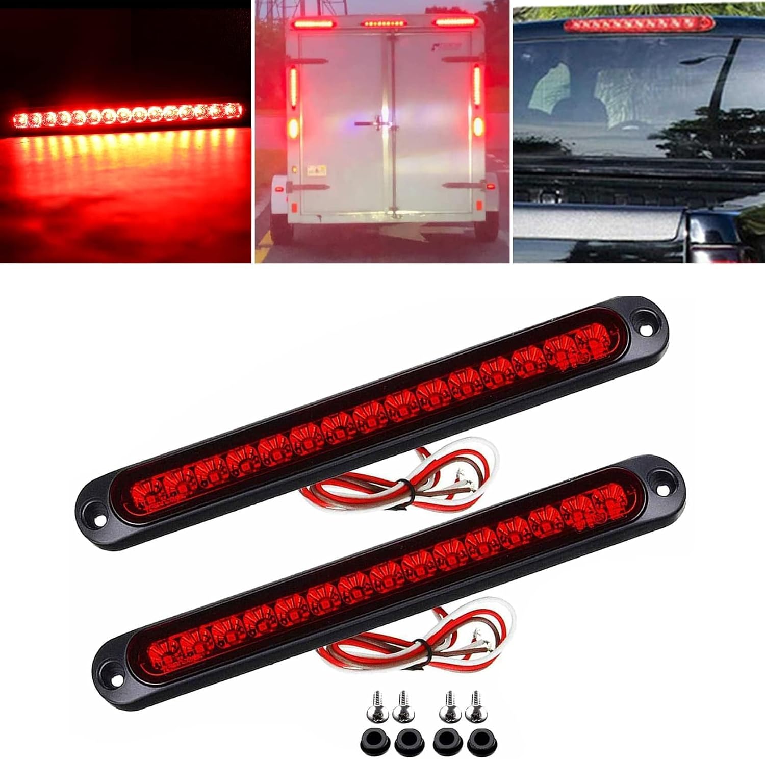 FZJDSD 2Pcs 10" 15 LED Trailer Brake Tail Light Bar IP67 Waterproof Stop Turn Tail Lights Red Clearance Strip fit for Wrangler Golf Cart Offroad Truck RV UTV ATV 12V-24V Power Supply
