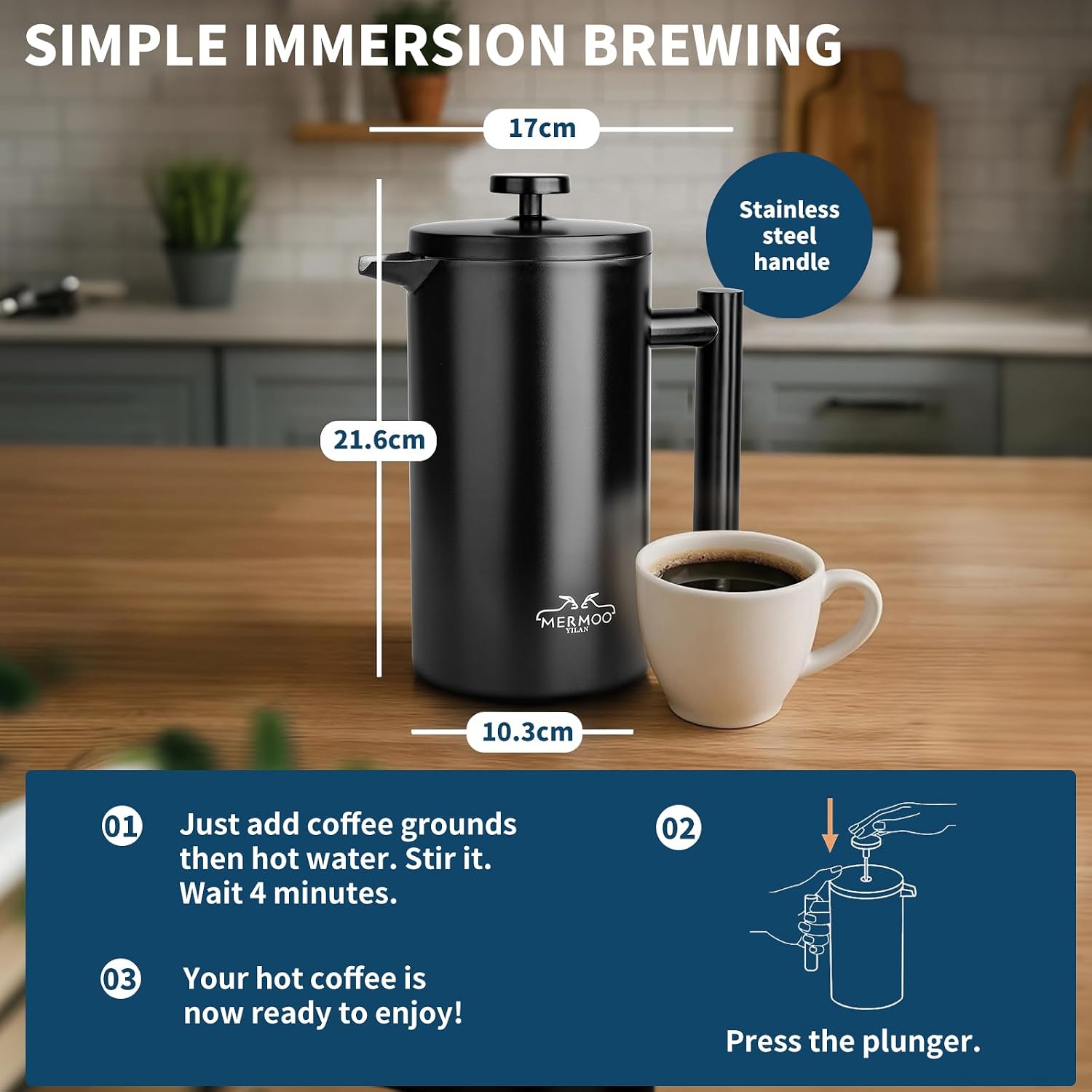 MERMOO YILAN French Press 34oz Insulated Stainless Steel Coffee Maker Unbreakable Coffee Press Easy to Clean for Home, Camping, Travel (Black)
