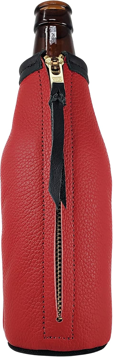 Leather Beer Bottle Holder, Handcrafted Beverage Coolie, Wedding Groomsmen Gift (Black Leather)