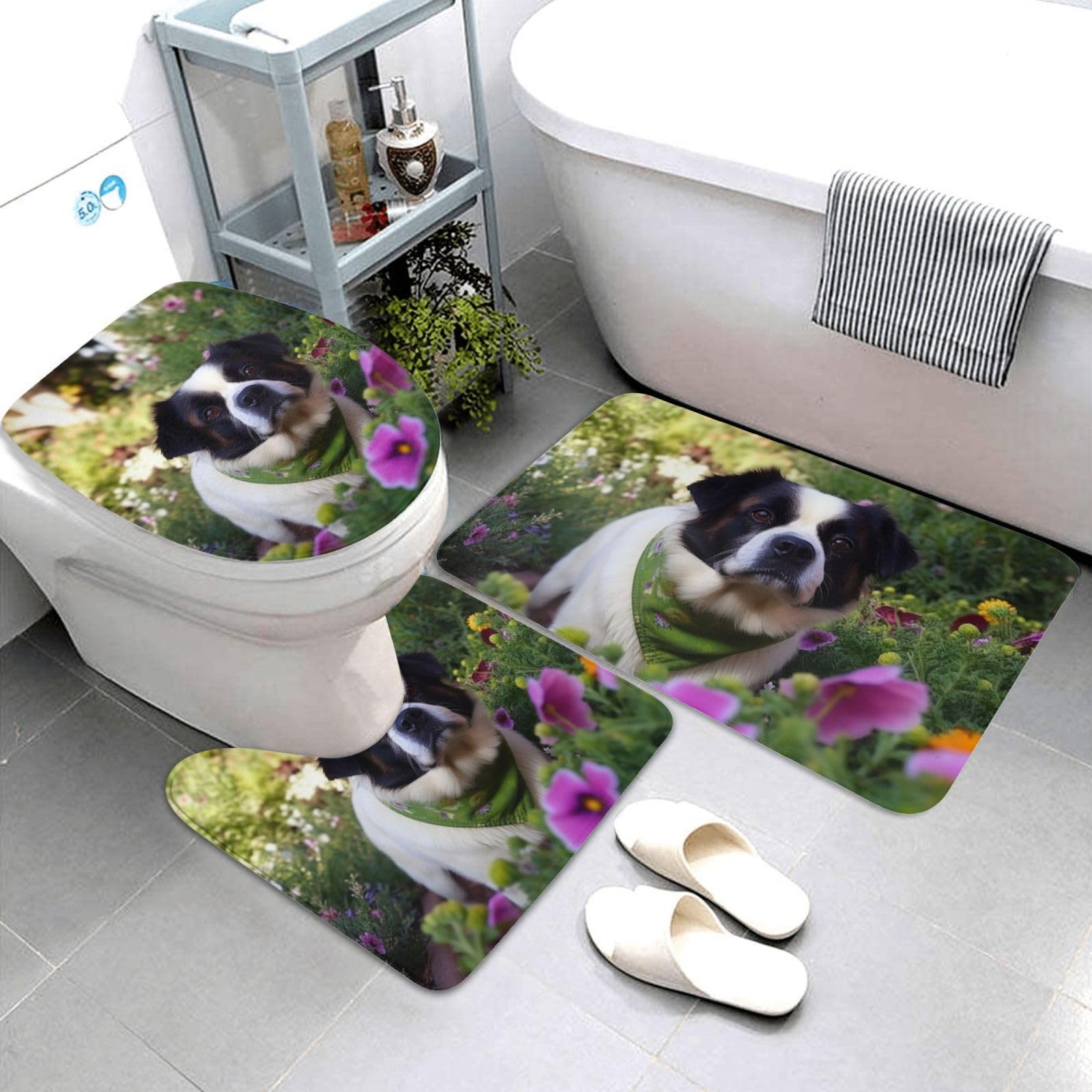Dwrepo DOD in The Garden Print Bathroom Rug Set 3 Piece with Non-Slip U-Shaped Contour Mat and Toilet Lid Cover for Bathroom Decoration