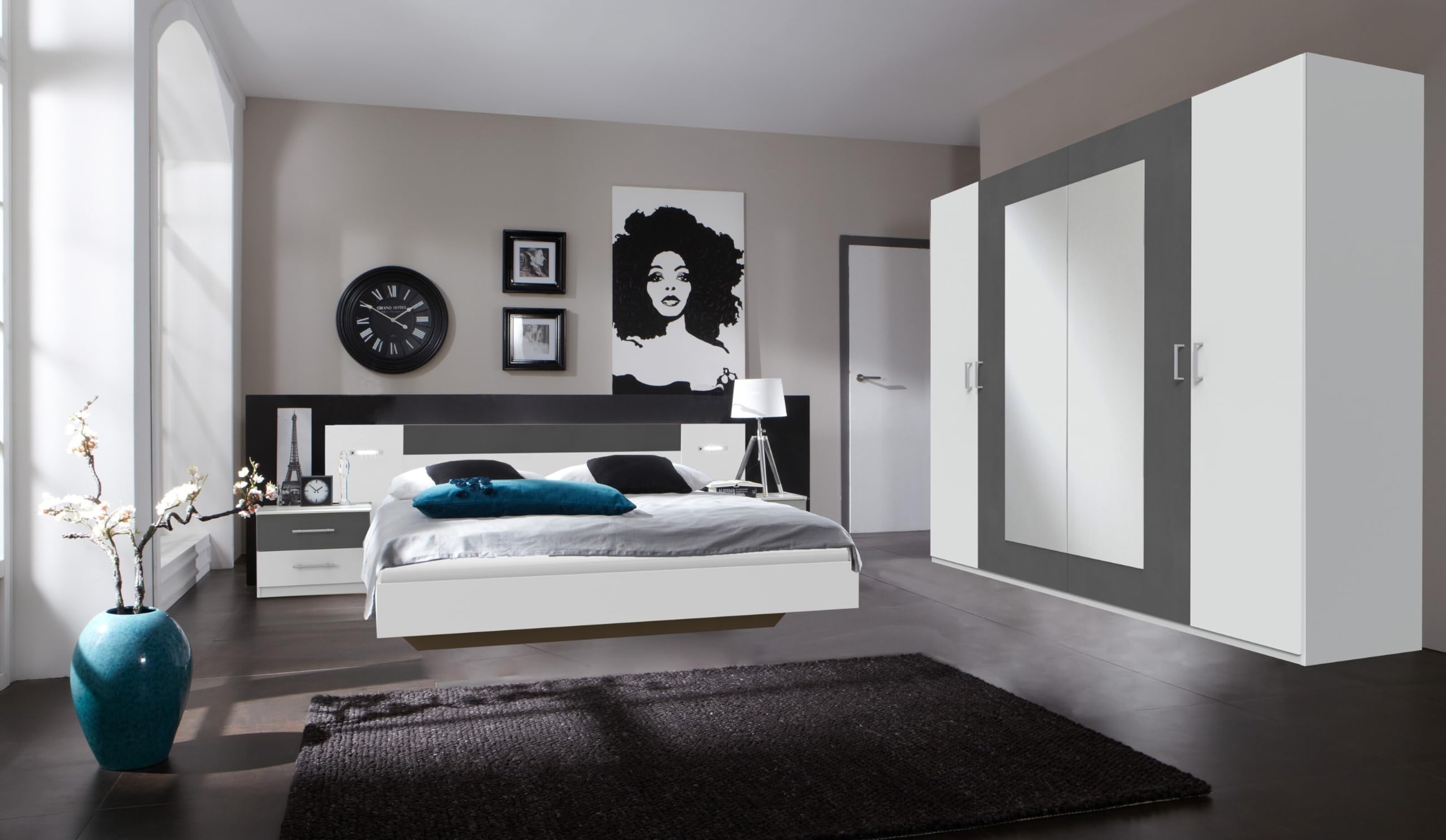 möbelando Komplettschlafzimmer >Angie< in Weiss + Graphit - 519x208x210cm (BxHxT)