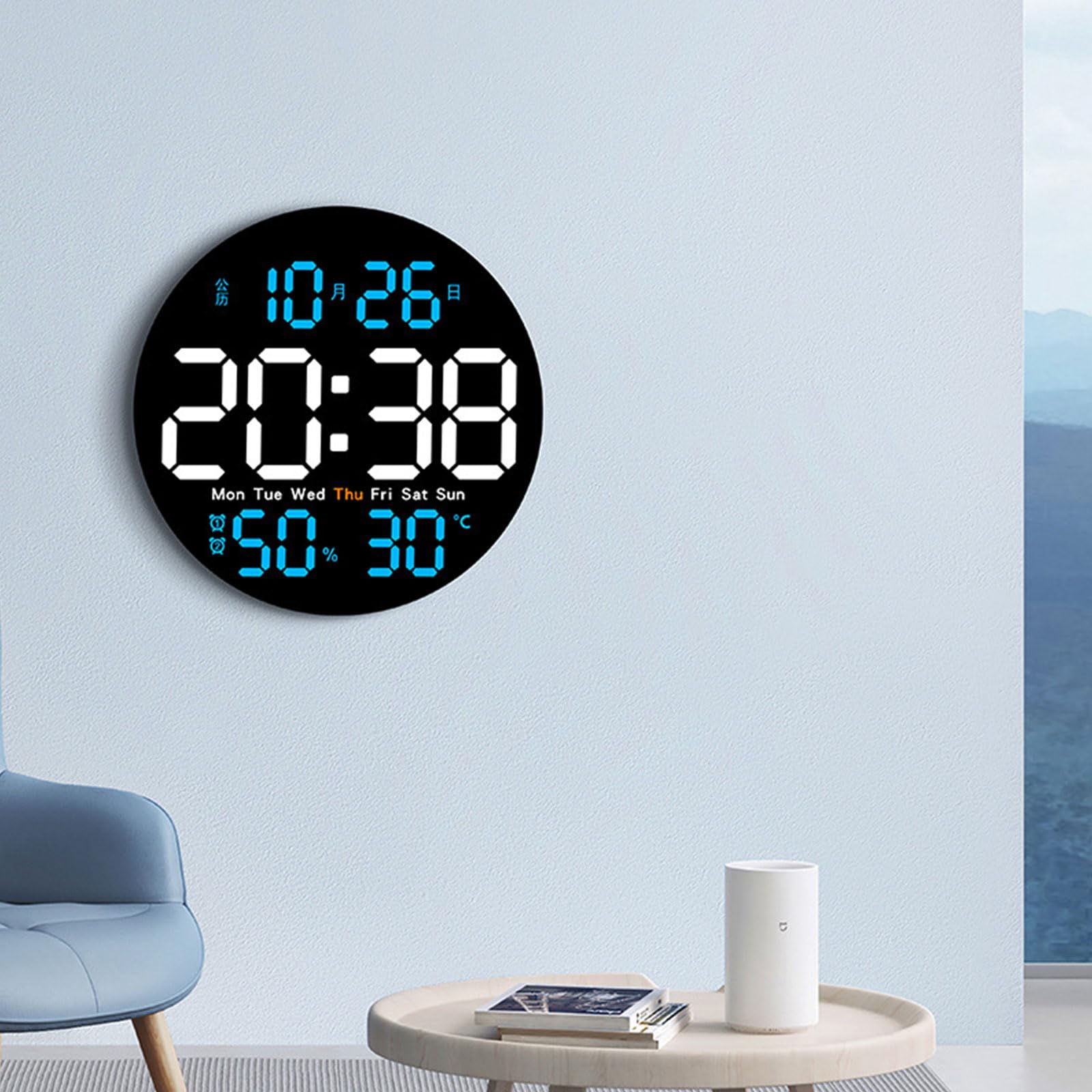 Orologio da parete digitale a LED con ampio display sveglia elettronica con retroilluminazione automatica telecomandata umidità della temperatura, blu cielo