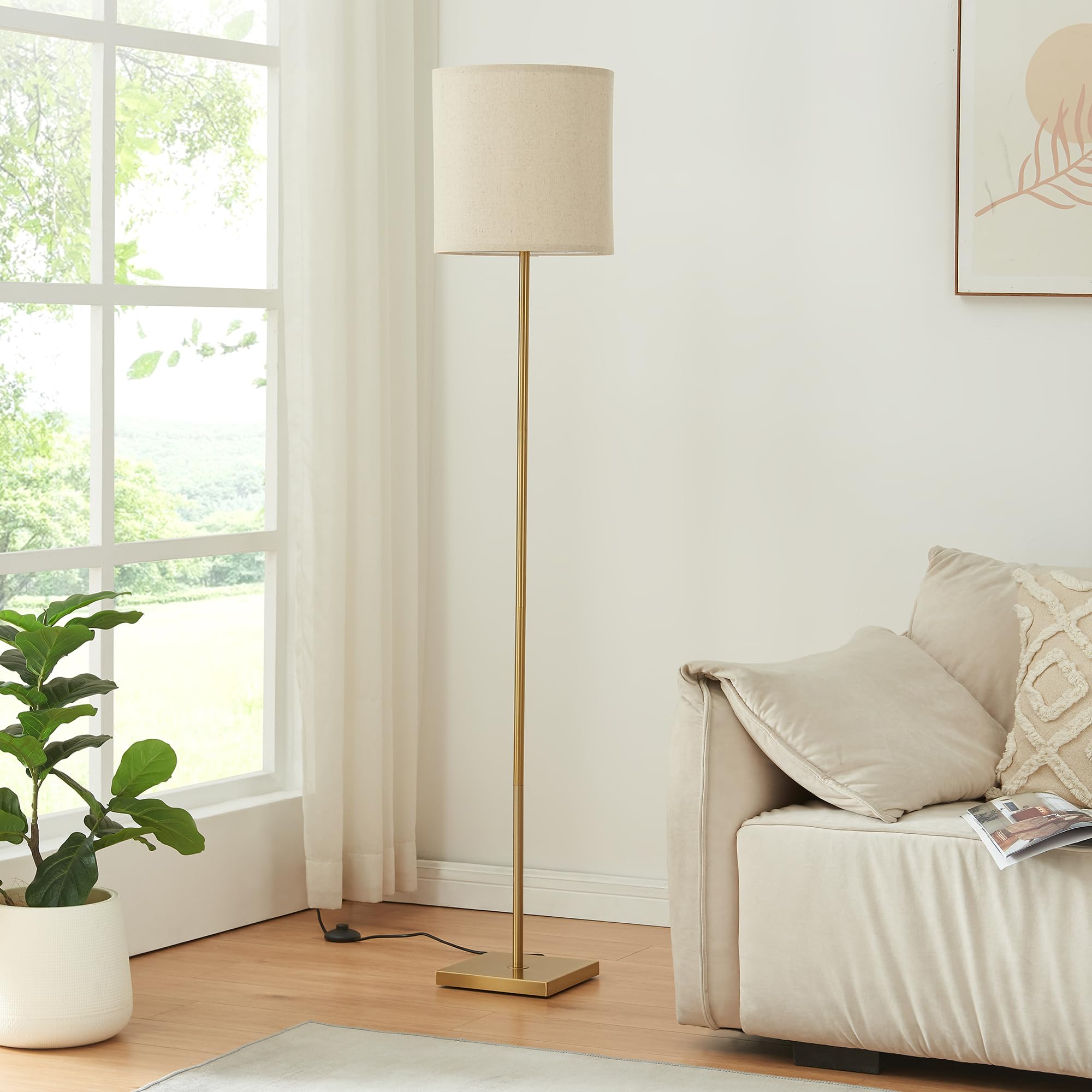 lux.pro Lampada da Terra Piantana a Stelo Diritto con Paralume Cilindrico Lampada da Lettura Alta 157 cm Design Elegante per Soggiorno Salotto - Effetto Ottone/color Lino