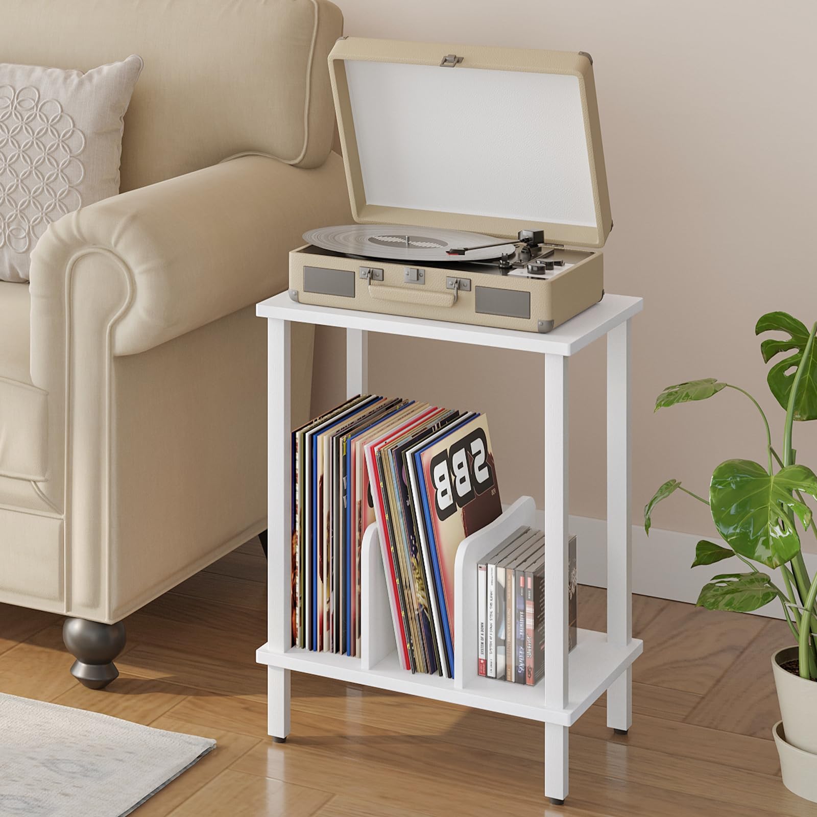 HOOBRO Plattenspieler Ständer, 2 Ebenen Schallplatten Regal, Beistelltisch, Plattenregal mit Trennwänden, Aufbewahrung von Schallplatten, bis zu 100 Alben, für Wohnzimmer, Weiß EWT05RS01