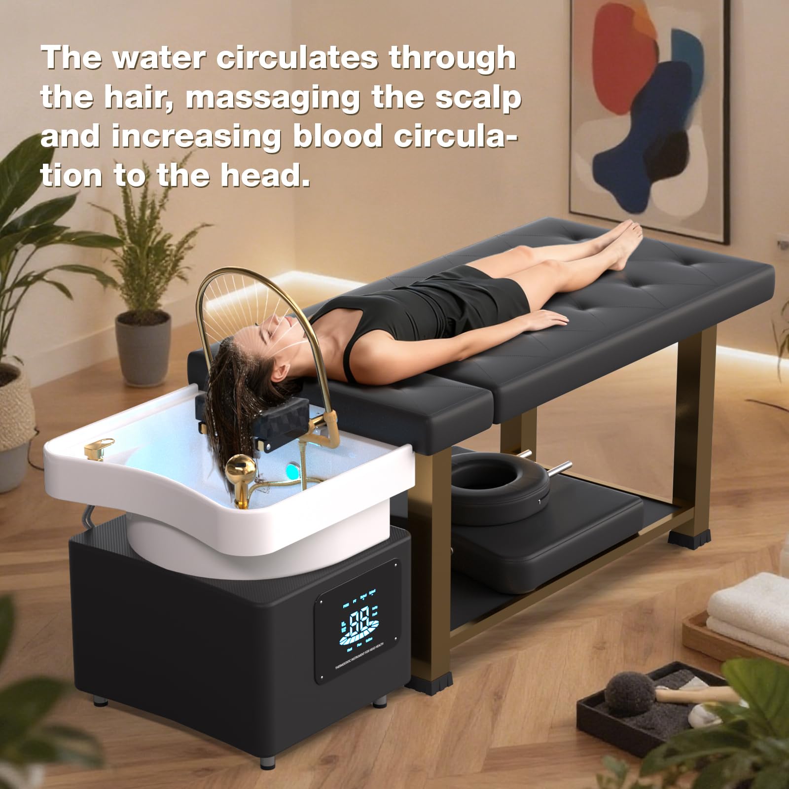 Haarwaschbecken mit Festwasseranschluss, Kopfmassagegerät mit Warmdampf- und Wasserfallsystem zur Kopfhautpflege in Salons, Fitnessstudios und Spa-Liegen