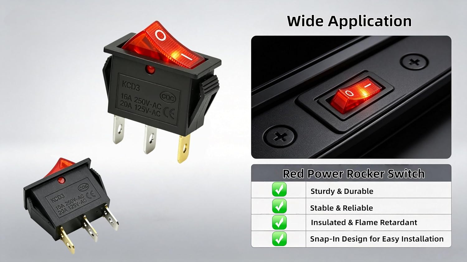 16A 250V 20A 125V AC KCD3-3 pin 2 Position Red Rocker Switch | For Lawn mowers, Snow blowers, neon Lights, Electric fireplaces,Household appliances Equipment etc