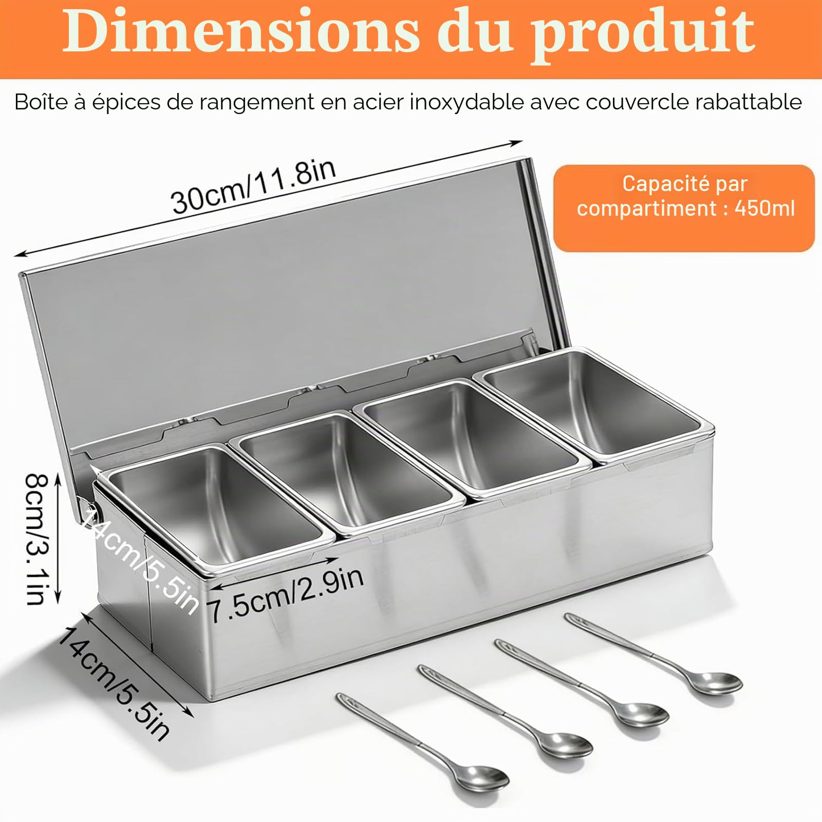 Boite a Epice avec Couvercle, Saladette Réfrigérée à Poser avec 4 Bacs et Couvercles, en Acier Inoxydable pour Fruits, Épices Salades Ingrédients Boissons Bar Cuisine Restaurant Facile à Nettoyer