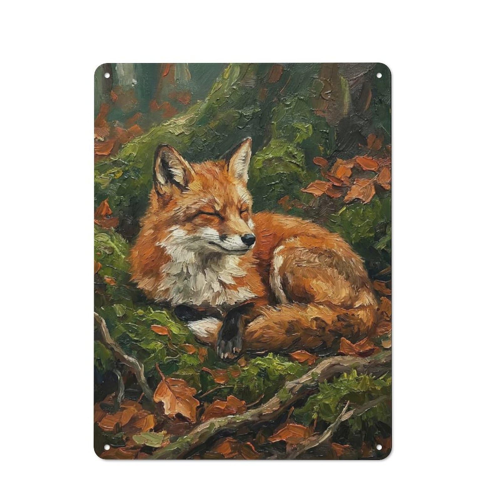 Junmoney Style-6 Rustic Metal Wall Sign 40X30cm Featuring Sleeping Fox In Autumn Forest For Garage Wall, Tin Sign Wall Decor For Garages And Workshops