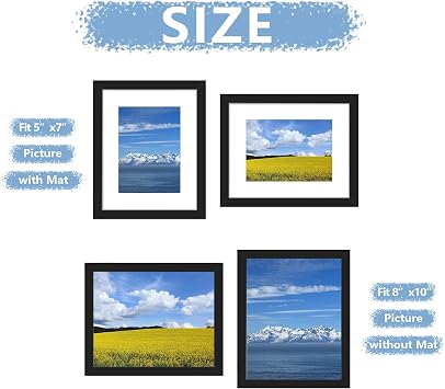 Picrit 8x10 Picture Frame Set of 7, Display 5x7 with Mat or 8x10 Without Mat, Photo Frames for Wall Mounting or Table Top Display, Black.